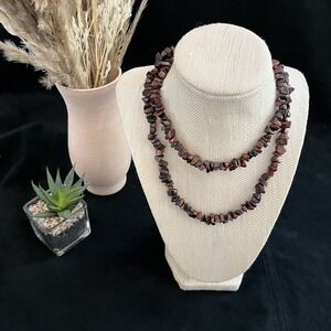 Necklace Polished Agate Red/Brown Stones Gold Clasp 30" Long VTG Retro Boho